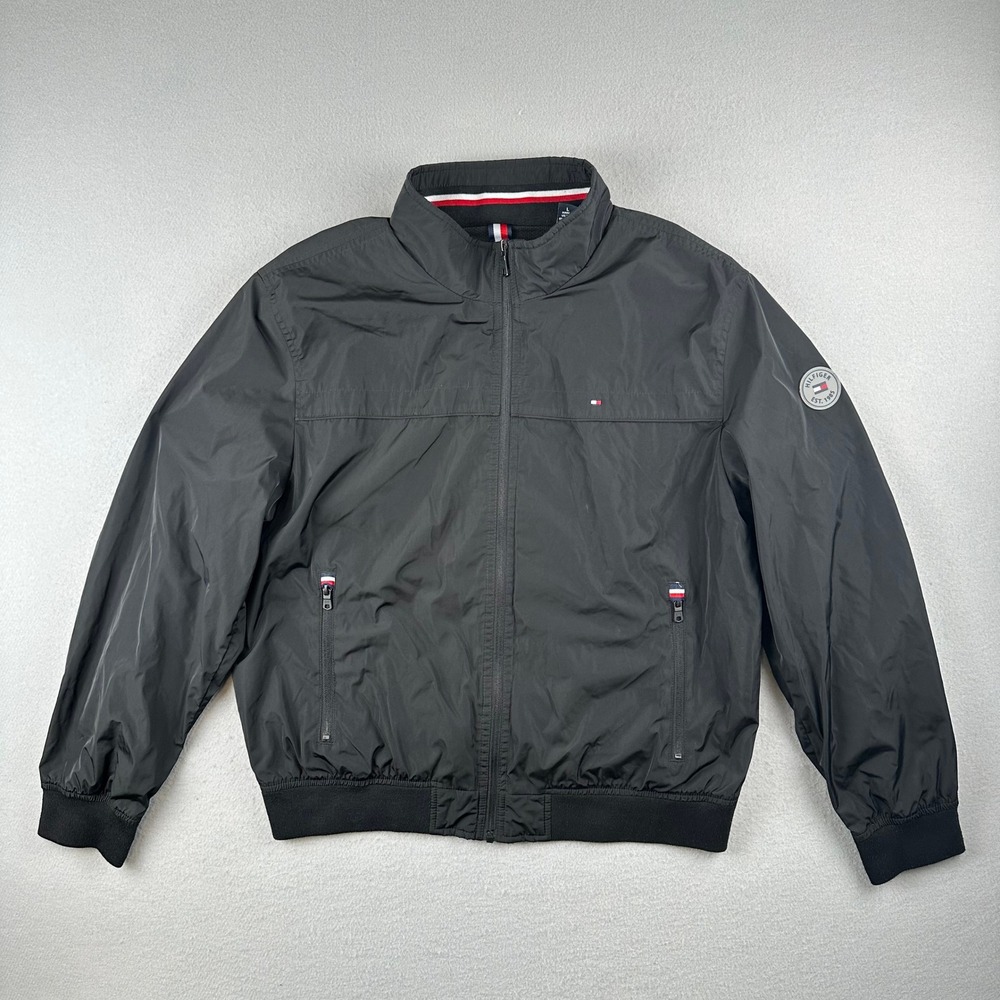 Tommy Hilfiger Windbreaker Jacket Mens Large Black Water Resistant Logo Zip